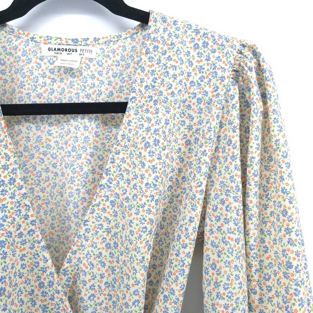 Glamorous ASOS Cream V Neck Tea Micro Floral Print Wrap-Tie Waist Mini Dress 4 - Picture 6 of 13